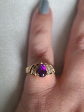 10k Gold Ring with Pear-Shaped Amethyst and Diamond Accents - Women Jewelry